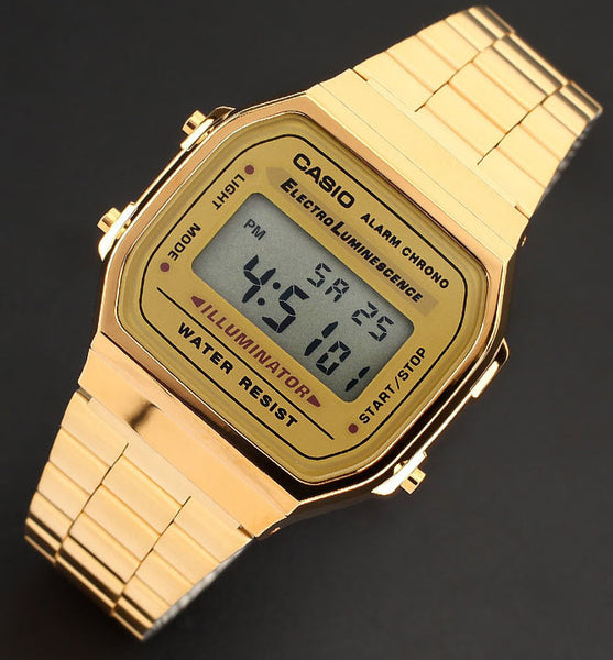 Casio A 168WG 9 Men s GOLD Digital Watch Steel Band Alarm Stopwatch Great Watches