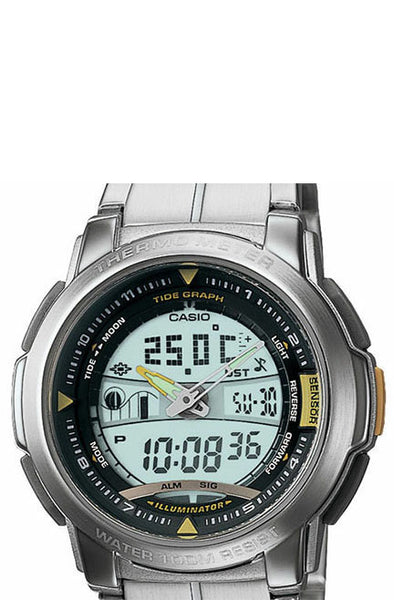 Casio AQF 100WD 9BV Pathfinder Thermometer Moon and Tide Phase Stainless Steel World Time 100M Watch